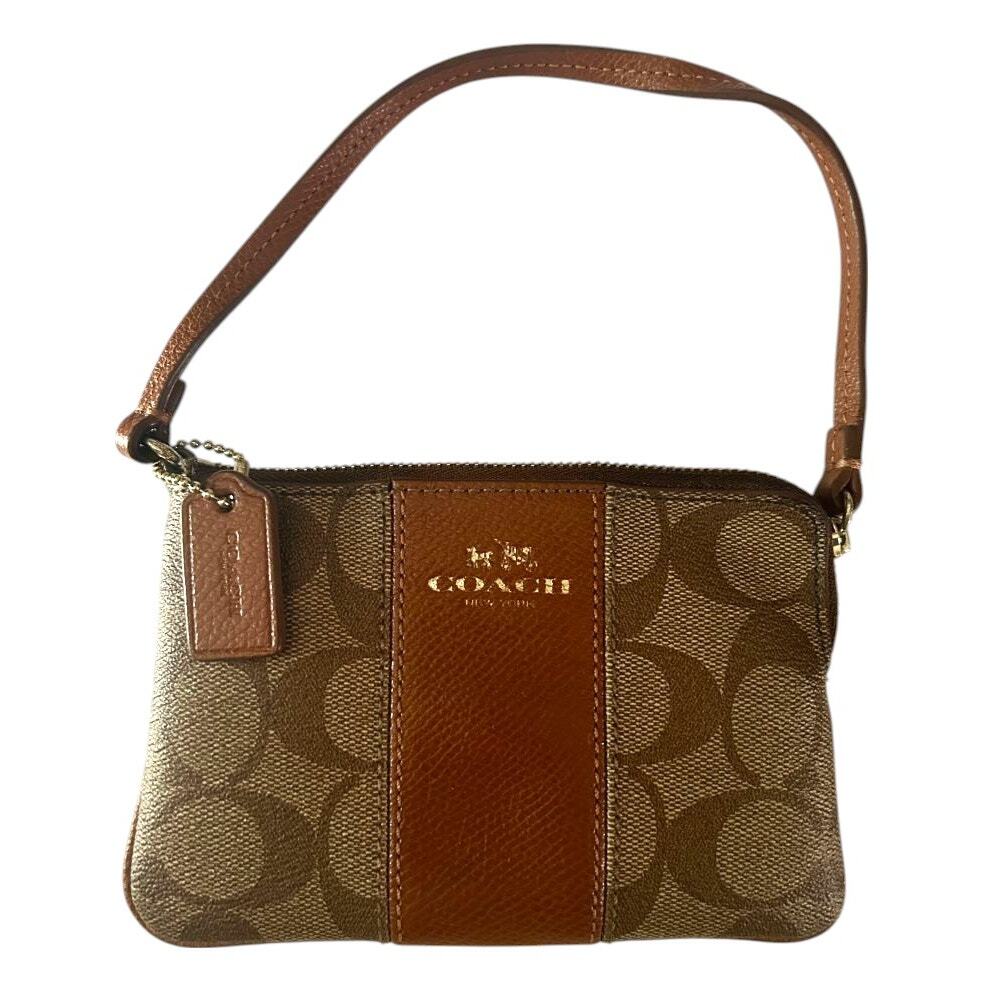Coach Signature Stripe Coated Canvas Wristlet Wallet Tan & Brown F64233